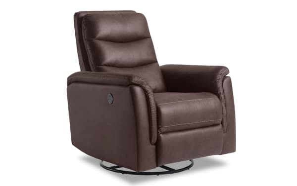 Forte Chocolate Power Gliding Recliner with USB port in brown polyester fabric, transitional style, padded arms, memory foam seat, and contrast stitching.