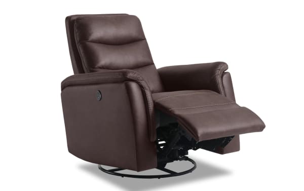 Forte Chocolate Power Gliding Recliner with USB port in brown polyester fabric, padded arms, memory foam seat, and contrasting stitch design.