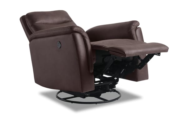 Forte Chocolate Power Gliding Recliner in brown polyester fabric with padded arms, memory foam seat, contrast stitching, and USB port.