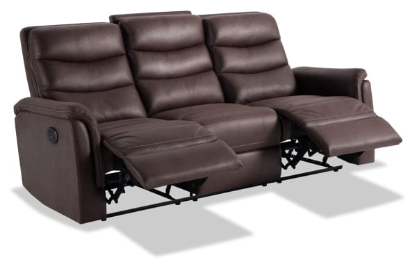 Forte Chocolate 82'' power reclining sofa in brown polyester fabric with padded arms, memory foam seating, contrasting stitch, and USB port.