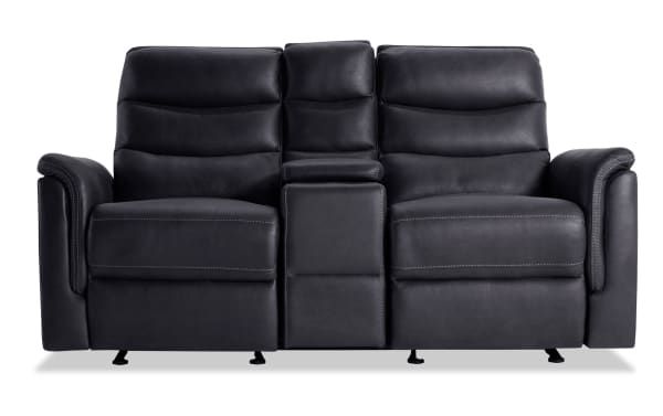 Forte Charcoal 72" transitional power reclining console loveseat in breathable polyester fabric with memory foam seating, USB port, padded arms, and storage console.