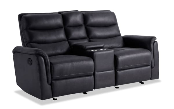 Forte Charcoal 72'' transitional power reclining console loveseat in gray polyester fabric with padded arms, memory foam seats, USB port, and storage console.
