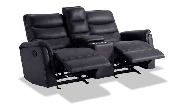 Forte Charcoal 72'' Transitional Power Reclining Console Loveseat in gray polyester fabric with memory foam, USB port, padded arms, and storage console.