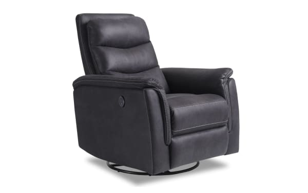 Forte Charcoal Power Gliding Recliner with USB Port in gray polyester fabric, featuring padded arms, memory foam seat, contrasting stitching, and transitional style.