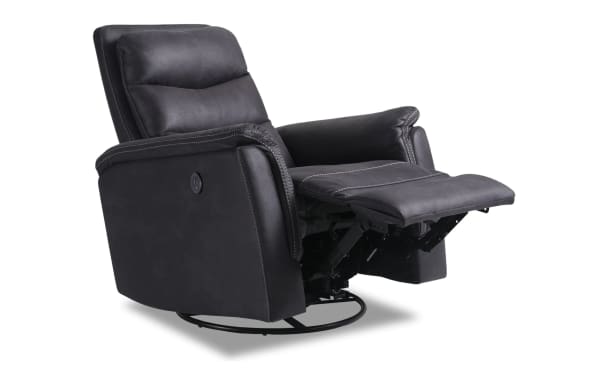 Forte Charcoal Power Gliding Recliner with USB Port in gray polyester fabric, featuring padded arms, Bob-O-Pedic Memory Foam seat, and contrasting stitch detail.
