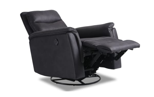 Forte Charcoal Power Gliding Recliner with USB Port, transitional style in gray polyester fabric with padded arms, memory foam seat, contrasting stitch, and power recline function.