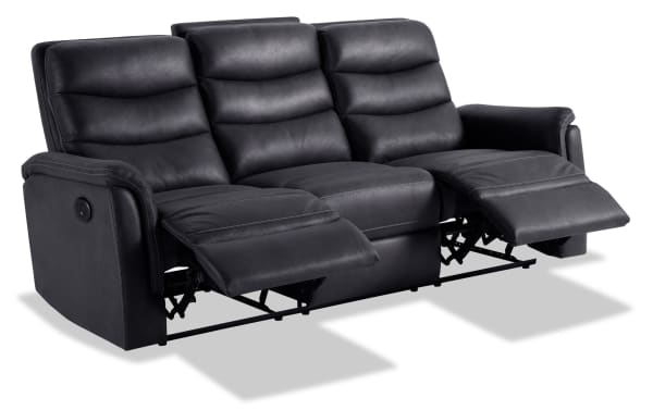 Forte Charcoal 82'' transitional power reclining sofa in breathable polyester fabric with memory foam cushions, padded arms, USB port, and contrast stitching.