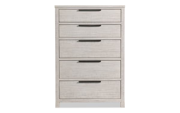 Canyon White 5 Drawer Chest in transitional style with MDF and acacia veneers, featuring five spacious drawers and subtle distressing from the Canyon Bedroom collection.