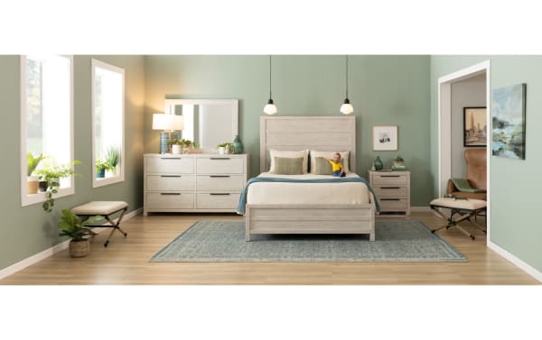 Transitional Canyon Bedroom set with Canyon White 5 Drawer Chest in MDF and acacia veneers, featuring distressed white finish, felt-lined drawers, and matching bed and nightstand.