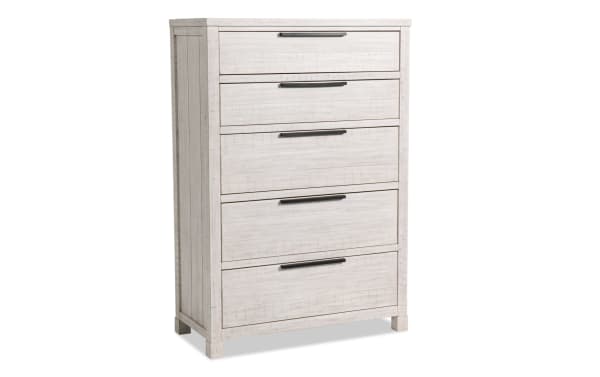 Canyon White 5 Drawer Chest in transitional style with distressed white acacia veneers, MDF construction, felt-lined top drawer, and black handles.