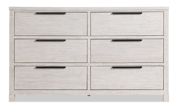 Canyon White 6 Drawer Dresser from Canyon Bedroom collection, transitional style in white MDF and acacia veneer with black handles and spacious drawers.