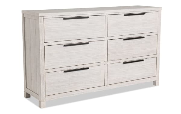 Canyon White 6 Drawer Dresser from Canyon Bedroom collection, transitional style in whitewashed MDF and acacia veneers with black handles, featuring six spacious drawers including felt-lined top drawers and a hidden jewelry pop-out drawer.
