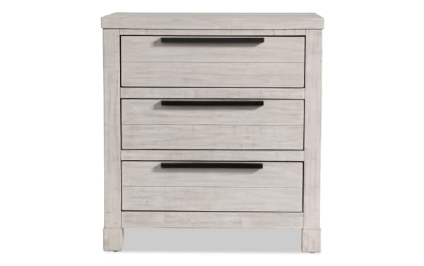 Canyon White 3 Drawer Nightstand in transitional style with distressed acacia veneer, MDF construction, black handles, and spacious storage drawers.