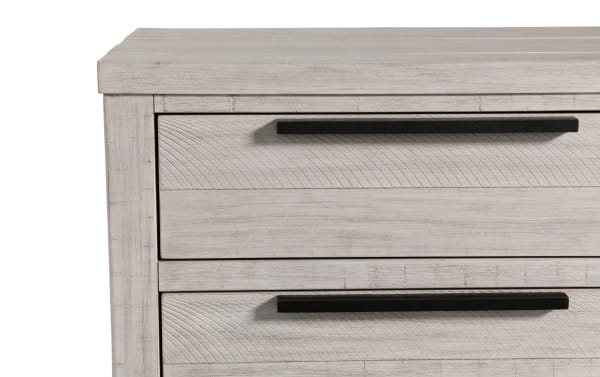 Transitional Canyon White 3 Drawer Nightstand with distressed acacia veneer, black metal handles, and MDF frame from Canyon Bedroom collection.