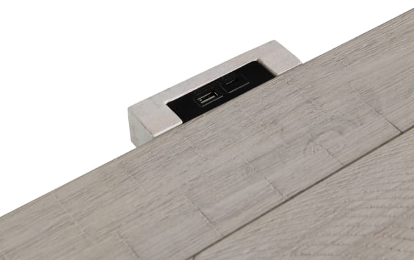 Canyon White 3 Drawer Nightstand in transitional style with MDF and acacia veneers, featuring built-in USB and USB-C charging ports on distressed white wood.