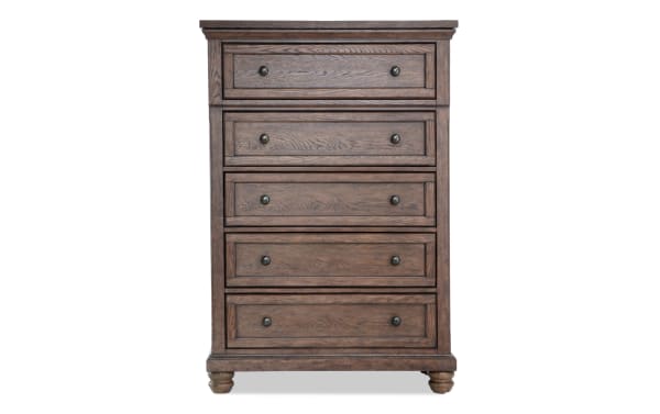 Traditional Portland Brown 5 Drawer Lift-Top Chest in MDF and oak veneers with cedar-lined bottom drawer, felt-lined top drawer, and lift-top jewelry tray.