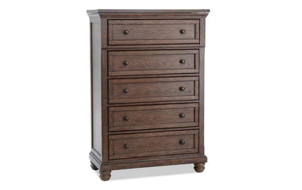 Traditional Portland Brown 5 Drawer Lift-Top Chest in MDF and oak veneers, featuring dark wood finish, round metal knobs, and raised panel drawer fronts.