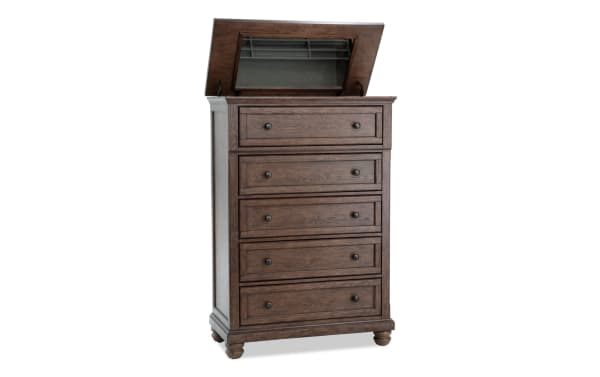 Portland Brown 5 Drawer Lift-Top Chest in traditional style with MDF and oak veneers, featuring a lift-top jewelry tray, felt-lined top drawer, and cedar-lined bottom drawer.