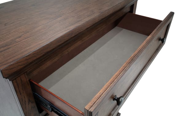 Traditional Portland Brown 5 Drawer Lift-Top Chest with oak veneer, felt-lined top drawer, and spacious brown wood storage drawer open.