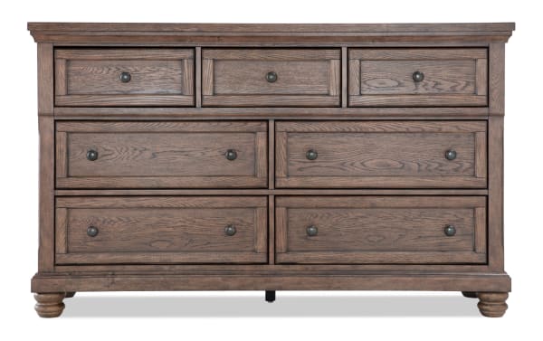 Portland Brown 7 Drawer Dresser in traditional style with MDF and oak veneers, featuring cedar-lined bottom drawers, felt-lined top drawers, and a lift-top jewelry tray.
