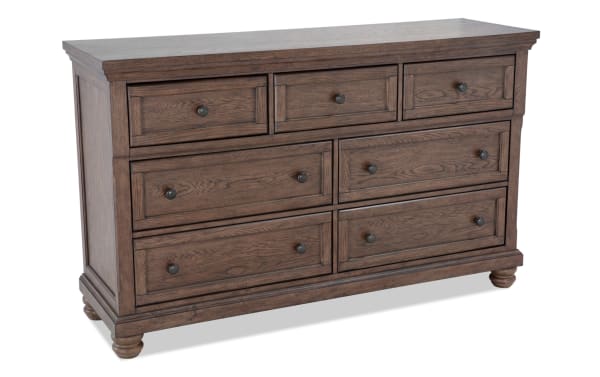 Traditional Portland Brown 7 Drawer Dresser in MDF and oak veneers with cedar-lined bottom drawers, felt-lined top drawers, and lift-top jewelry tray.