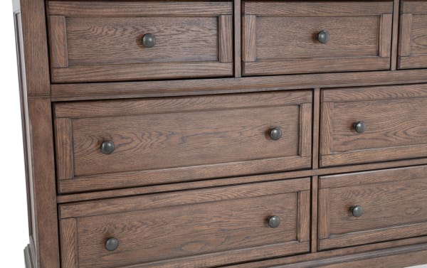 Traditional Portland Brown 7 Drawer Dresser with MDF and oak veneers, featuring cedar-lined bottom drawers, felt-lined top drawers, and a lift-top jewelry tray.