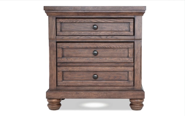 Portland Brown 2 Drawer Nightstand in traditional style with oak veneer, MDF construction, round knobs, and turned feet, featuring hidden storage and cedar-lined drawers.