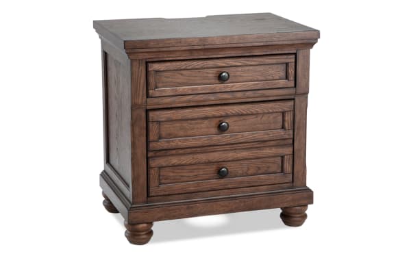 Traditional Portland Brown 2 drawer nightstand in MDF and oak veneers with cedar-lined bottom drawer, hidden middle drawer, and round knobs.