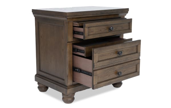 Traditional Portland Brown 2 Drawer Nightstand with hidden storage, cedar and felt-lined drawers, oak veneer, motion LED lights, USB ports.