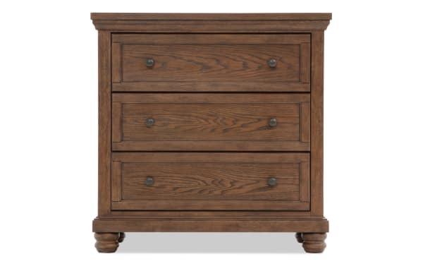 Portland Brown 3 Drawer Chest in traditional style, made of MDF, oak veneers, and rubberwood solids. Features brown wood finish, metal knobs, and cedar-lined bottom drawer. Part of Portland Bedroom collection.