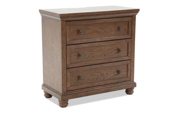 Traditional Portland Brown 3 Drawer Chest in MDF, oak veneers, and rubberwood solids with dark wood finish and round metal knobs.