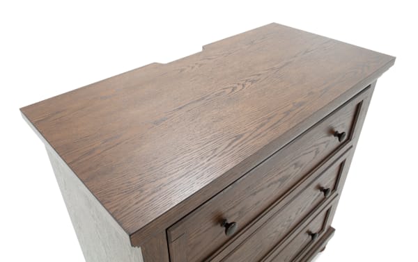 Portland Brown 3 Drawer Chest in traditional style with brown oak veneer finish, MDF and rubberwood solids, featuring round black knobs and stepped top edge.
