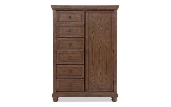 Portland Brown 5 Drawer Wardrobe in traditional style with oak veneer, rubberwood solids, six drawers, and a single door from Portland Bedroom collection.