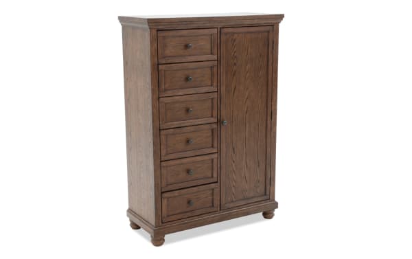 Portland Brown 5 Drawer Wardrobe in traditional style with MDF, oak veneers, and rubberwood solids. Features stacked drawers and a door with adjustable shelves. Part of Portland Bedroom collection.