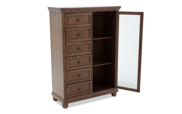 Portland Brown 5 Drawer Wardrobe in traditional style with brown oak veneer, rubberwood solids, mirror door, adjustable shelves, and concealed charging ports.
