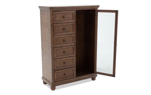 Traditional Portland Brown 5 Drawer Wardrobe with oak veneer, rubberwood, mirror door, adjustable shelves, and concealed charging ports.