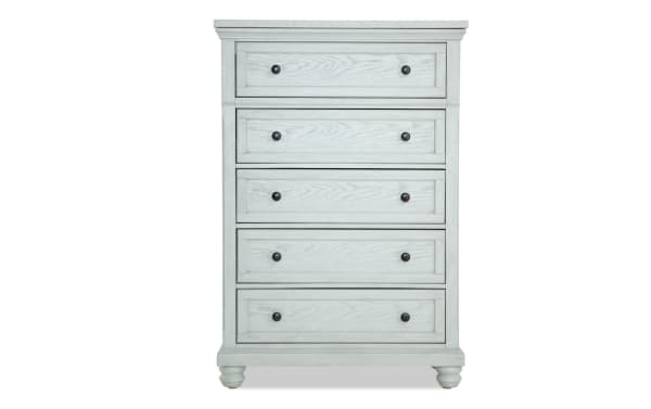 Portland White 5 Drawer Lift-Top Chest in traditional style, made of MDF and oak veneers, featuring a white finish, black knobs, and a lift-top jewelry tray.