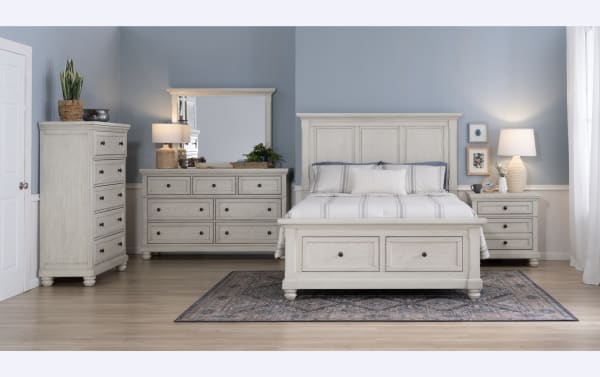 Traditional Portland Bedroom set in white finish featuring Portland White 5 Drawer Lift-Top Chest made of MDF and oak veneers, with cedar-lined bottom drawer, felt-lined top drawer, and lift-top jewelry tray.