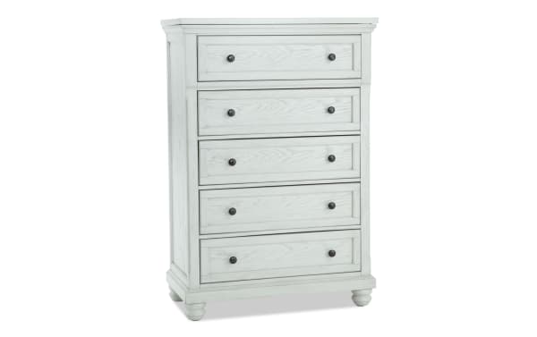 Portland White 5 Drawer Lift-Top Chest in traditional style with MDF and oak veneers, featuring a cedar-lined bottom drawer and felt-lined top drawer.