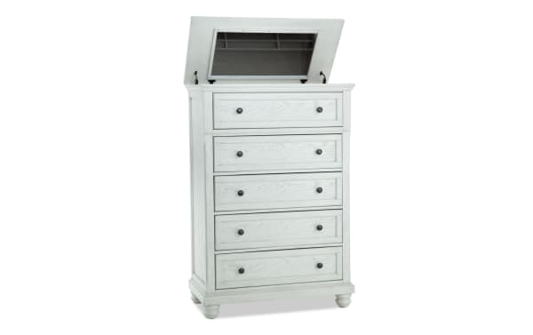 Portland White 5 Drawer Lift-Top Chest in traditional style with MDF and oak veneers, featuring a lift-top jewelry tray, felt-lined top drawer, and cedar-lined bottom drawer for fresh storage.