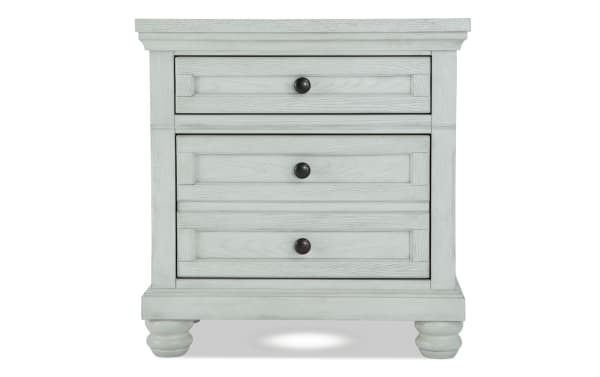 Traditional Portland White 2 Drawer Nightstand with hidden storage, cedar-lined bottom drawer, felt-lined top drawer, MDF and oak veneers, motion-activated LED lighting, power outlets, USB and USB-C ports.