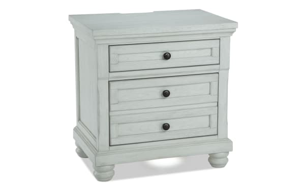 Traditional Portland White 2 Drawer Nightstand with hidden storage, cedar and felt-lined drawers, MDF and oak veneers, motion LED, USB ports.