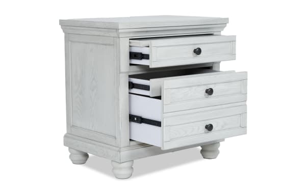 Traditional Portland White 2 Drawer Nightstand with hidden storage, cedar-lined bottom drawer, felt-lined top drawer, motion LED lights, USB ports, MDF and oak veneers.