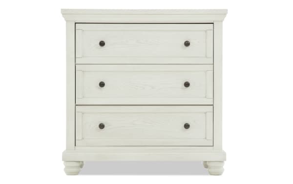 Portland White 3 Drawer Chest in traditional style with MDF, oak veneers, and rubberwood solids. Features white finish, dark round knobs, and three spacious drawers. Part of Portland Bedroom collection, ideal for stylish storage with cedar-lined bottom and felt-lined top drawer.