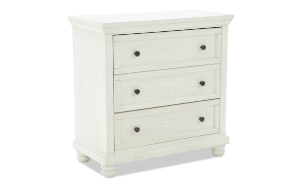 Traditional Portland White 3 Drawer Chest in MDF, oak veneers, and rubberwood solids with white finish, black knobs, and classic turned feet.