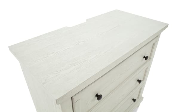 Traditional Portland White 3 Drawer Chest in MDF, oak veneers, and rubberwood solids with black knobs, part of Portland Bedroom collection.