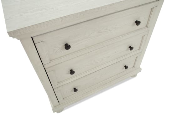 Traditional Portland White 3 Drawer Chest in MDF, Oak Veneers, and Rubberwood Solids with black knobs, part of Portland Bedroom collection, featuring a whitewashed wood grain finish and classic drawer design.