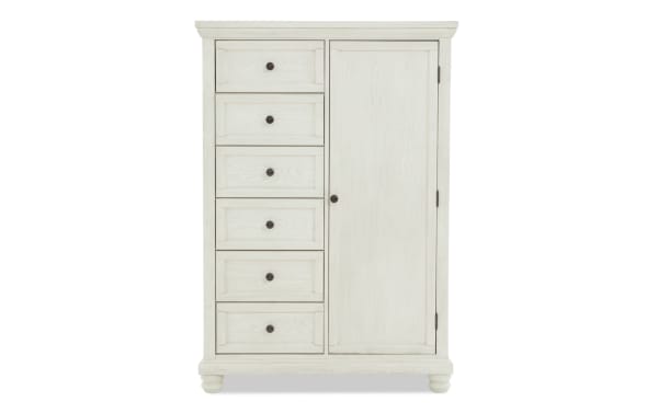 Portland White 5 Drawer Wardrobe in traditional style with MDF, oak veneers, and rubberwood solids. Features stacked drawers, single door with adjustable shelves, and concealed charging ports. Part of the Portland Bedroom collection.