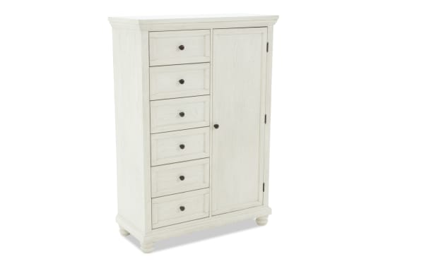 Traditional Portland White 5 Drawer Wardrobe with MDF, oak veneer, rubberwood, stacked drawers, adjustable shelves, and concealed charging ports.