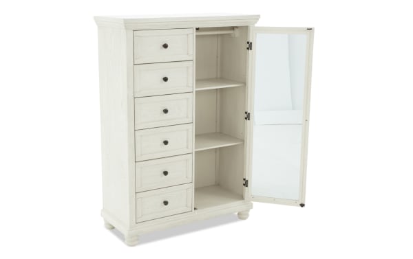 Portland White 5 Drawer Wardrobe from Portland Bedroom collection, traditional style in white MDF, oak veneers, rubberwood. Features stacked drawers, adjustable shelves, full-length mirror inside door, and concealed power/USB ports.
